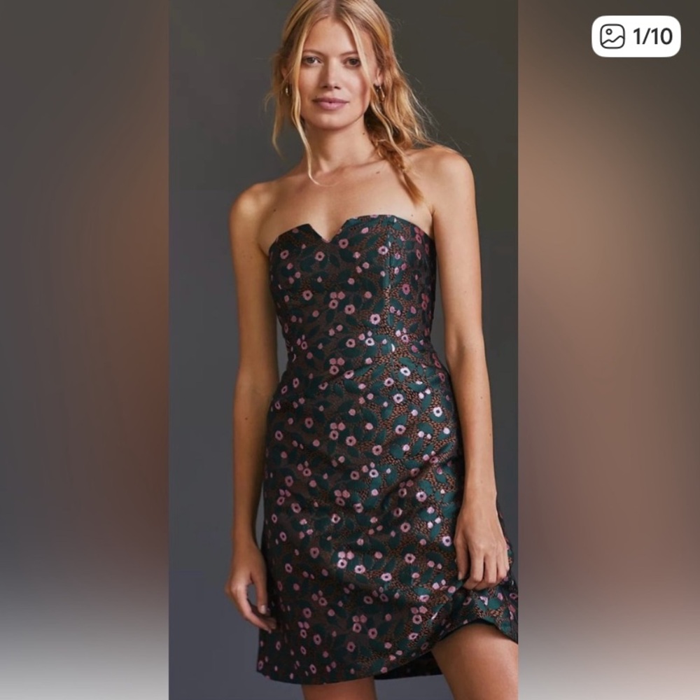 EVA FRANCO ANTHROPOLOGIE sweetheart mini dress strapless green floral size 8